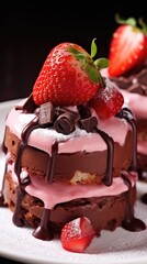 A chocolate cake with a strawberry on top of it. Valentine's day desserts.