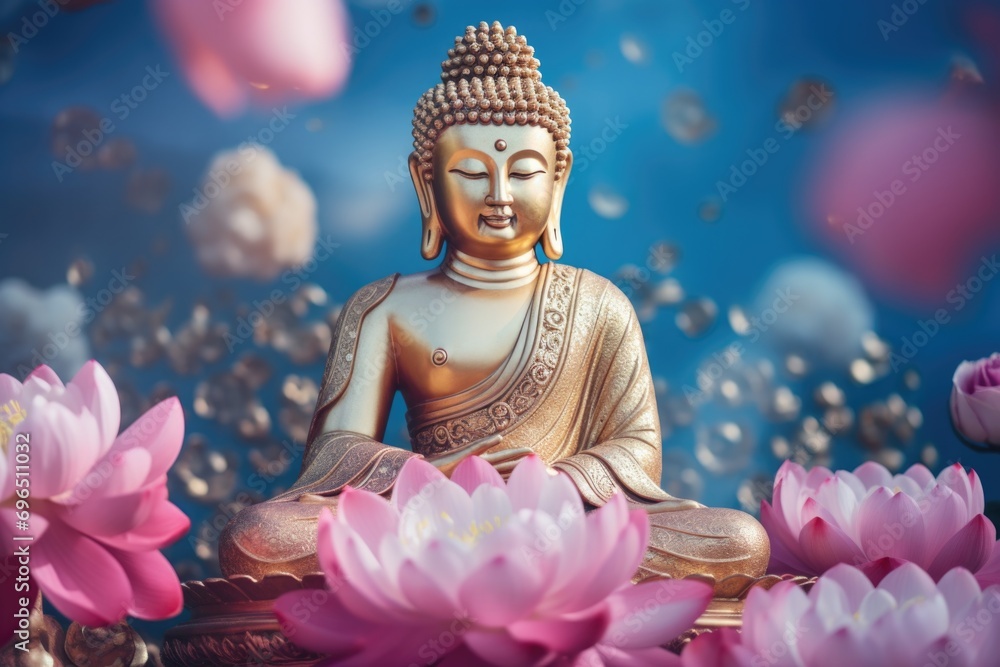 Aufkleber a serene buddha statue surrounded by beautiful pink flowers. perfect for adding a sense of tranquili