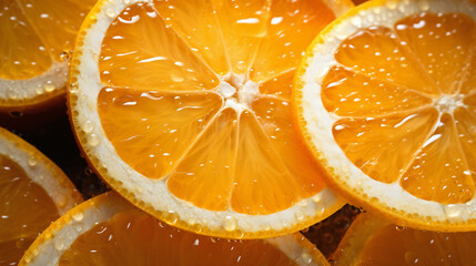 close up of a fresh and juicy orange citrus slices on a wooden table, adorned with glistening water droplets and sun light	