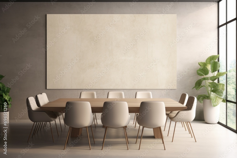 Wall mural A dining room featuring a prominent large painting on the wall. Perfect for adding elegance and sophistication to any space