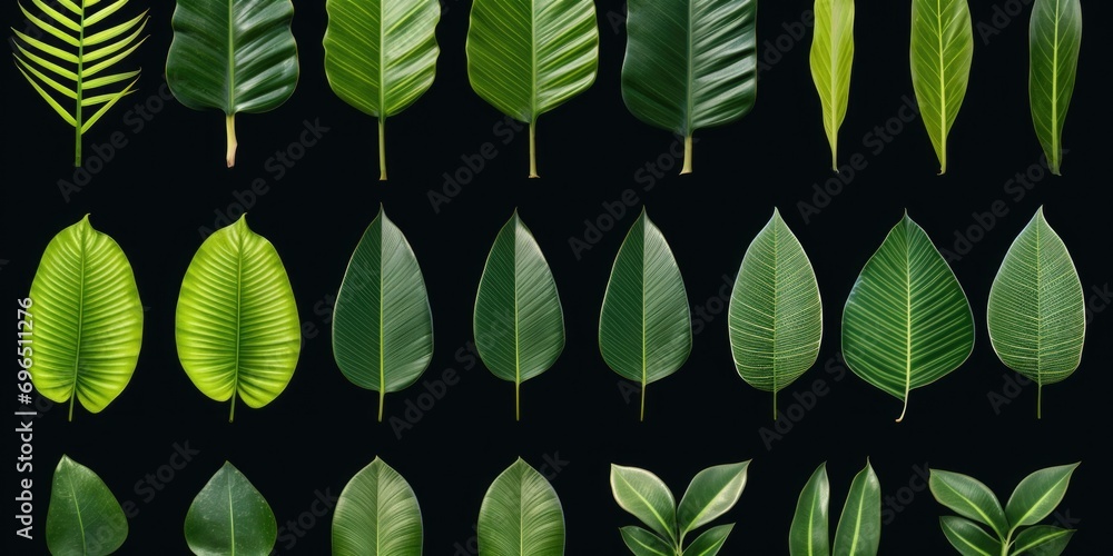 Poster a collection of green leaves set against a black background. this versatile image can be used for va