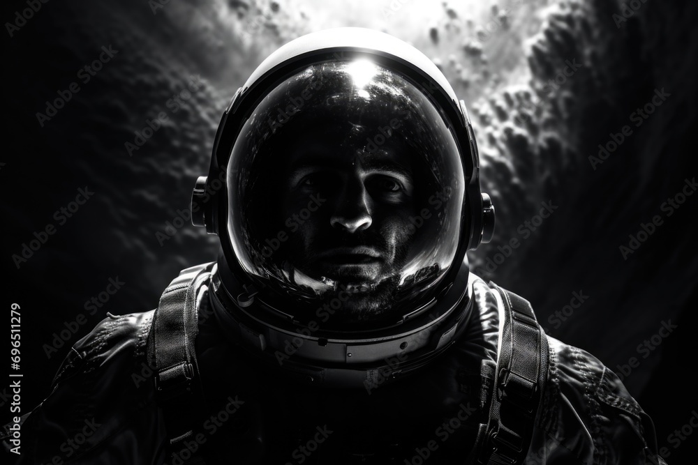 Poster a black and white photo capturing a man wearing a space suit. this image can be used to depict space