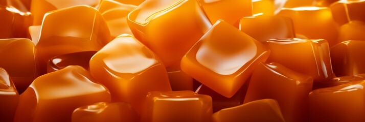 Delicious caramel candies on a background of juicy caramel sauce. Sweet texture background