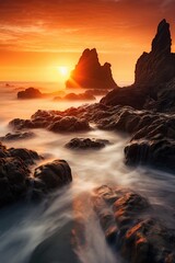 A beautiful sunset over a rocky beach. Perfect for nature lovers or travel enthusiasts
