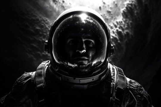A black and white photo capturing a man wearing a space suit. This image can be used to depict space exploration, science fiction, or astronautics