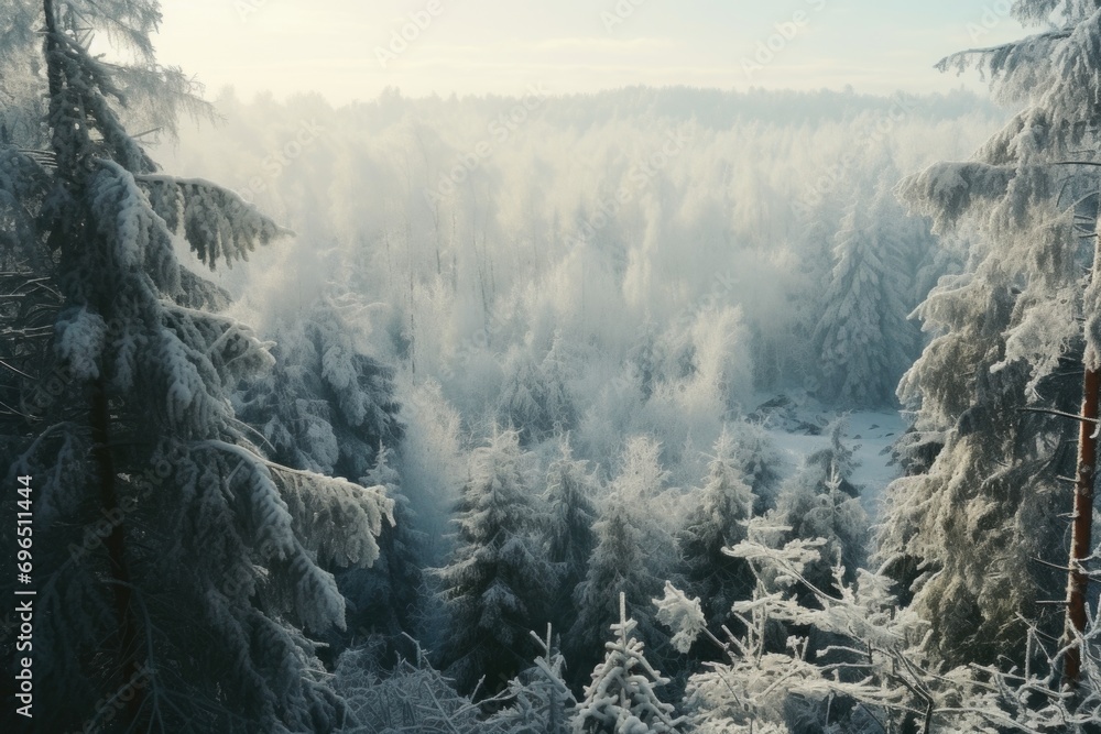 Aufkleber a picturesque view of a snow-covered forest from the top of a mountain. ideal for nature enthusiasts