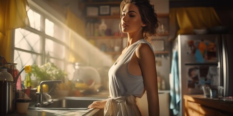 A woman standing in a kitchen next to a window. Ideal for showcasing a cozy and bright home environment.