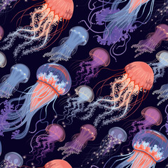 Vector seamless pattern with glowing jellyfish © olga_igorevna