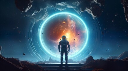 Puzzled astronaut with a portal in front of him on a lost planet 4k - obrazy, fototapety, plakaty