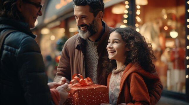 A man is seen giving a gift to a little girl. This image can be used to depict a heartwarming moment of generosity and kindness