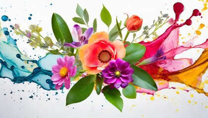 colorful arrangement of flowers with liquid paint splashes on an isolated white background generative ai