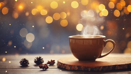 cozy autumn winter banner template steaming coffee tea cup blurred background