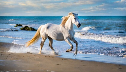 Obraz na płótnie Canvas beautiful white horse galloping along the beach generative ai