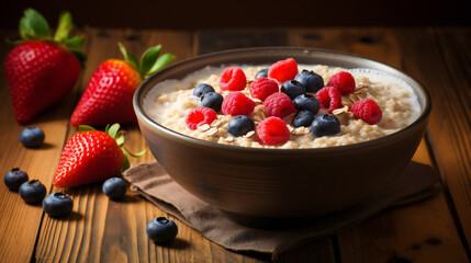 Healthy breakfast meal of oatmeal porridge and fresh raspberries, blueberries and strawberries on a sunny kitchen surface with copy space, breakfast concept