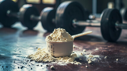 A measure scoop filled with whey protein powder. - sporting protein shot in the gym. - obrazy, fototapety, plakaty