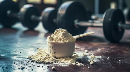 Fotobehang A measure scoop filled with whey protein powder. - sporting protein shot in the gym. © Lisanne