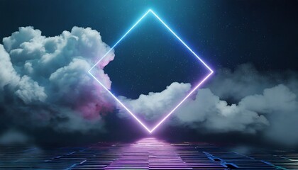 3d rendering abstract futuristic background with neon geometric shape and stormy cloud on night sky rhombus frame with copy space