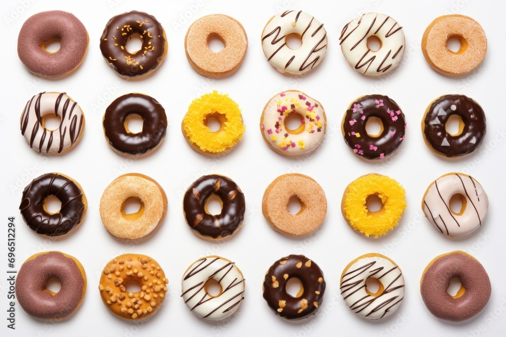 Poster a collection of various types of donuts placed on a clean white surface. perfect for illustrating ba