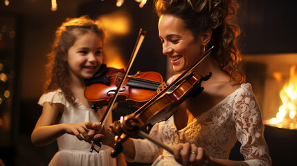 Fototapeta premium Woman and girl playing a piano. Beautiful woman teaching a little girl playing a piano.