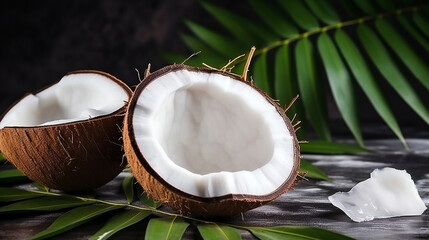 Cracked coconut on a smooth surface with a palm leaf, tropical, organic, natural fruits