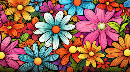 Flower power hippie multicoloured daisy psychedelic background - obrazy, fototapety, plakaty