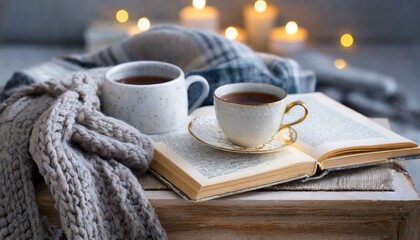 winter cozy still life with hot coffee cup or tea book and plaid
