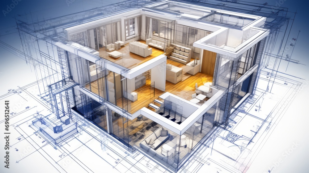 Aufkleber architecture of a 3d model house project with blueprint
