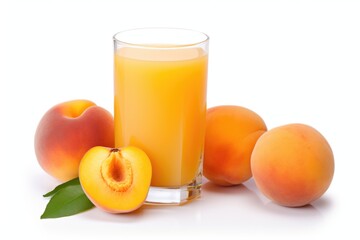 A glass of orange juice next to some peaches.
