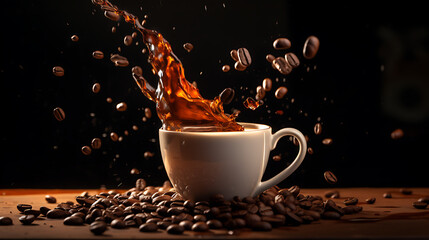 Sharp shot of a coffee bean dropping into a full cup of coffee. splashing coffee.  - obrazy, fototapety, plakaty