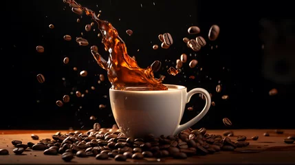 Foto op Plexiglas Sharp shot of a coffee bean dropping into a full cup of coffee. splashing coffee.  © Lisanne