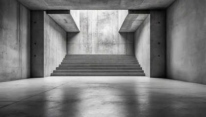 abstract empty modern concrete room with stairs at the back and rough floor industrial interior...