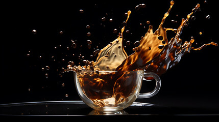 Sharp shot of a coffee bean dropping into a full cup of coffee. splashing coffee.  - Powered by Adobe