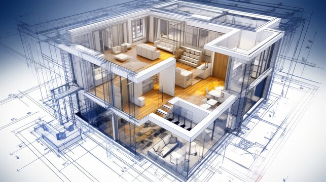 architecture of a 3d model house project with blueprint