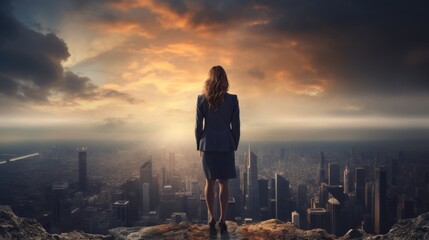 Fototapeta premium Businesswoman stands thoughtfully on a mountain overlooking a city with dramatic clouds in the sky