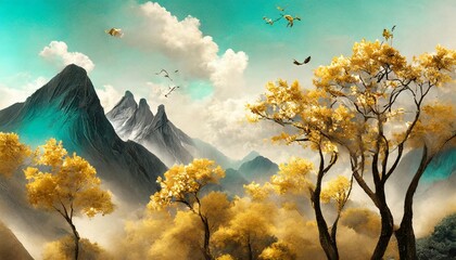 brown trees with golden flowers and turquoise black and gray mountains in light yellow background with white clouds and birds 3d illustration wallpaper landscape art - Powered by Adobe
