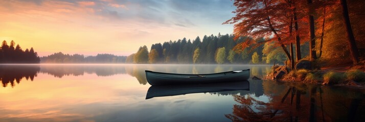A peaceful sunset scene on a calm lake with reflections and a rowing boat