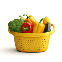 Yellow shopping basket full of vegetables, isolated on white background. 3D illustration
