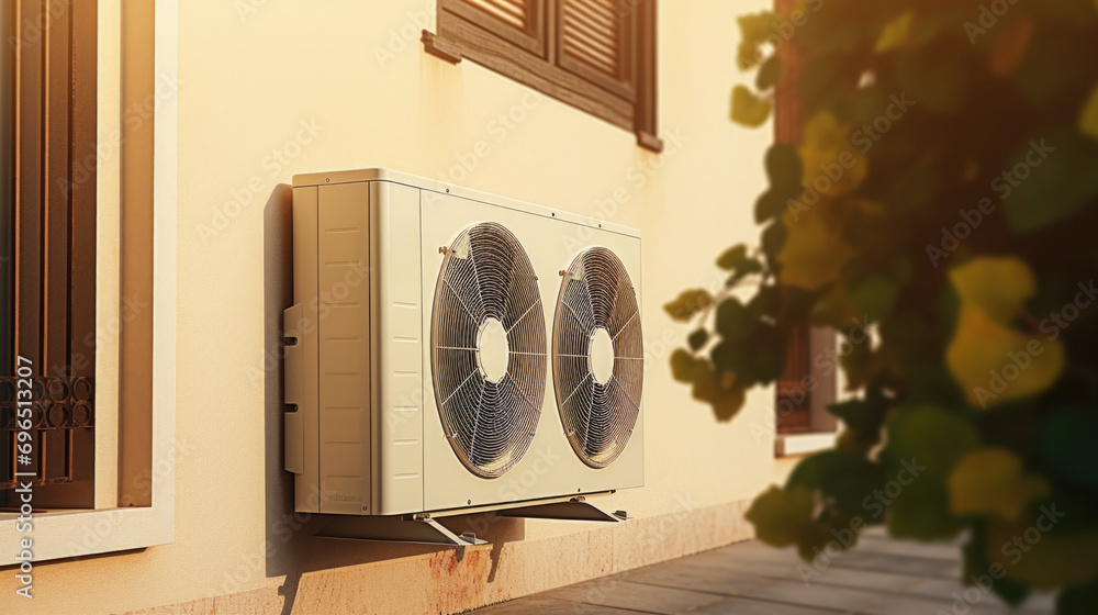 Poster A picture of a building with a couple of air conditioning units. This image can be used to depict modern architecture or to illustrate the concept of temperature control in buildings