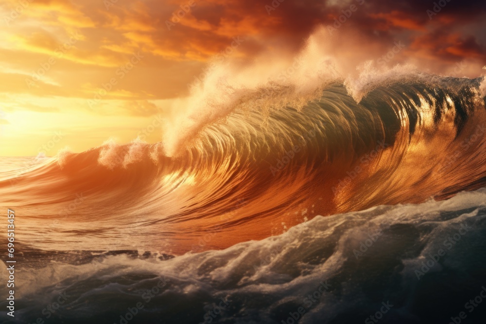 Poster A stunning image capturing a large wave in the ocean at sunset. Perfect for adding a touch of natural beauty to any project
