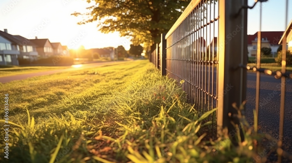 Poster A picture of a fence located next to some grass. This image can be used to depict various concepts and settings