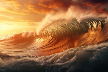 A stunning image capturing a large wave in the ocean at sunset. Perfect for adding a touch of natural beauty to any project