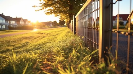 A picture of a fence located next to some grass. This image can be used to depict various concepts and settings