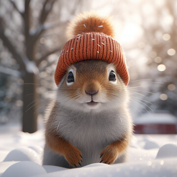 Esquilo fofo com roupas de inverno na neve - Ilustração de personagem 3D