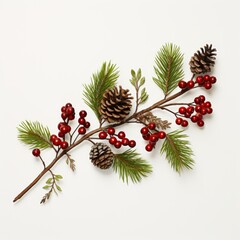 Christmas garland of tree branches, berries, and christmas balls. Realistic looking Christmas decor isolated