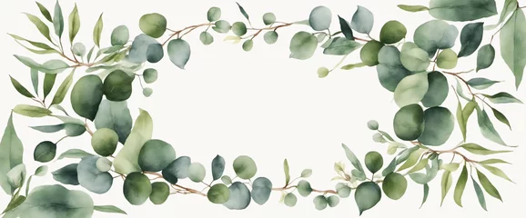 Foto op Plexiglas Watercolor vector wreath with green eucalyptus leaves and branches. © SR07XC3