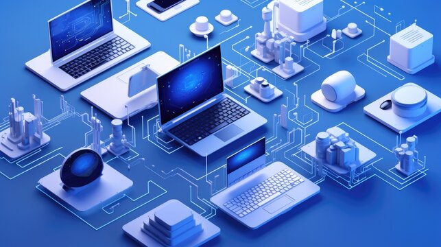 Various electronic devices displayed on a vibrant blue background. Ideal for technology-related projects and presentations