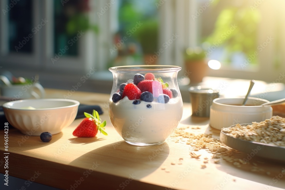Poster a bowl of yogurt and berries placed on a table. perfect for healthy eating and breakfast concepts
