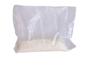 A Plastic Bag of White Long Grain Rice - Isolated on White Background. Small Transparent Package...