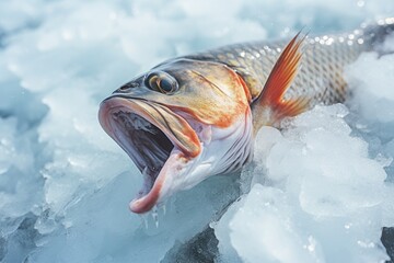 A fish with its mouth wide open, captured on ice. Perfect for illustrating the concept of surprise or shock. Can be used in educational materials or articles about fish or climate change - obrazy, fototapety, plakaty
