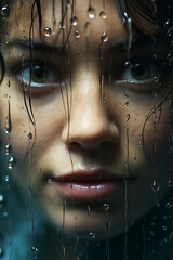 Intense gaze through a rain-streaked window, capturing the raw emotion and complexity in simplicity, with each droplet reflecting a world unseen